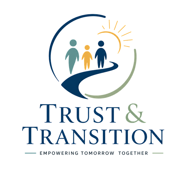 Trust & Transition logo: three figures on a winding path under a rising sun
